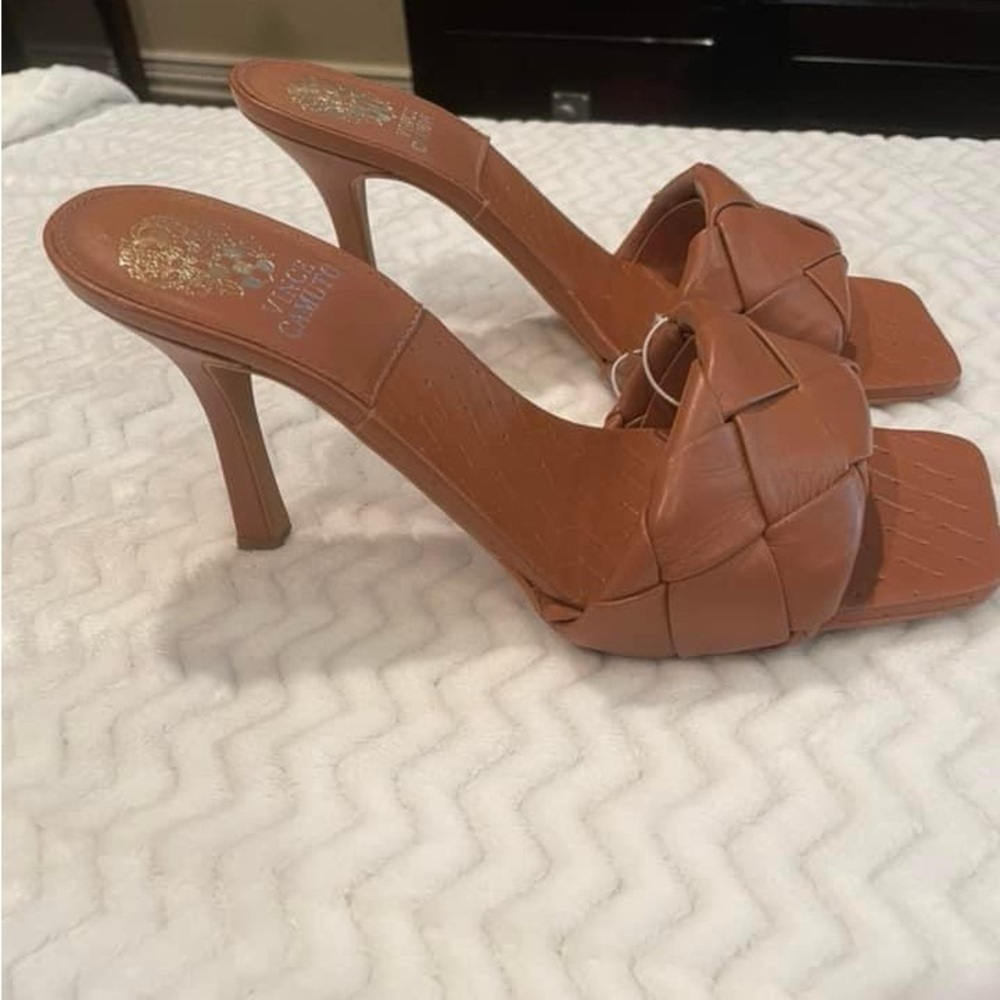 Vince Camuto Tan Braided Leather High Heel Mules